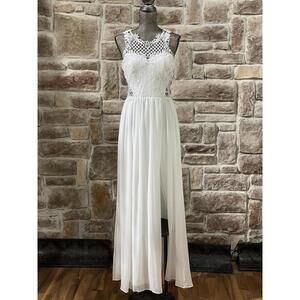 White Ethereal Lace Crochet Bodice Chiffon Maxi Dress Evening Bridal Gown Size 3